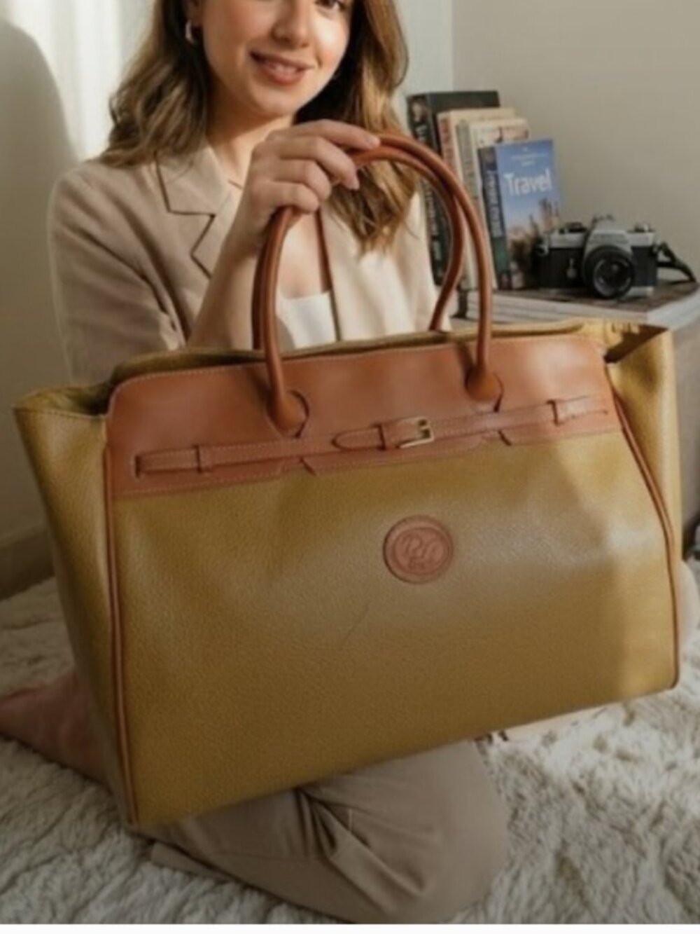 David Jones Paris Weekender Travel Tote Bag Brown Tan Pebbled - Excellent